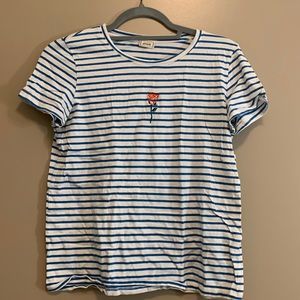 Blue Striped Shirt with Rose Embroidery